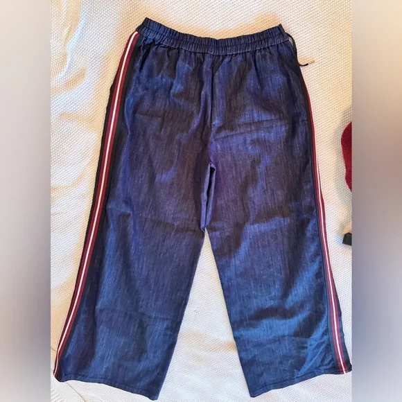 ZARA Blue Denim Wide Leg Drawstring Pull-on Pants w Red Side Stripe - Picture 5 of 9